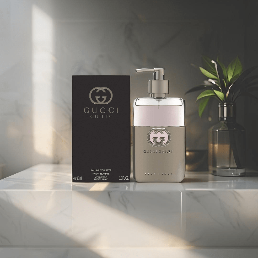"Gucci Guilty Pour Homme 3 oz Eau de Toilette Spray for Men – sleek, masculine bottle with silver accents, reflecting the bold and modern scent within."