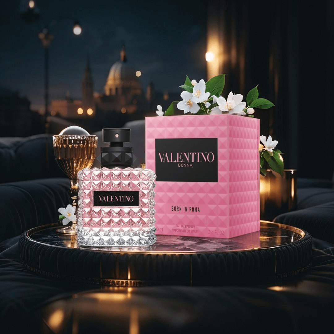 "Valentino Donna Born in Roma 3.4 oz Eau de Parfum Spray for women – a sophisticated floral-amber fragrance with notes of jasmine, vanilla bourbon, and woody accords, in an elegant studded glass bottle."