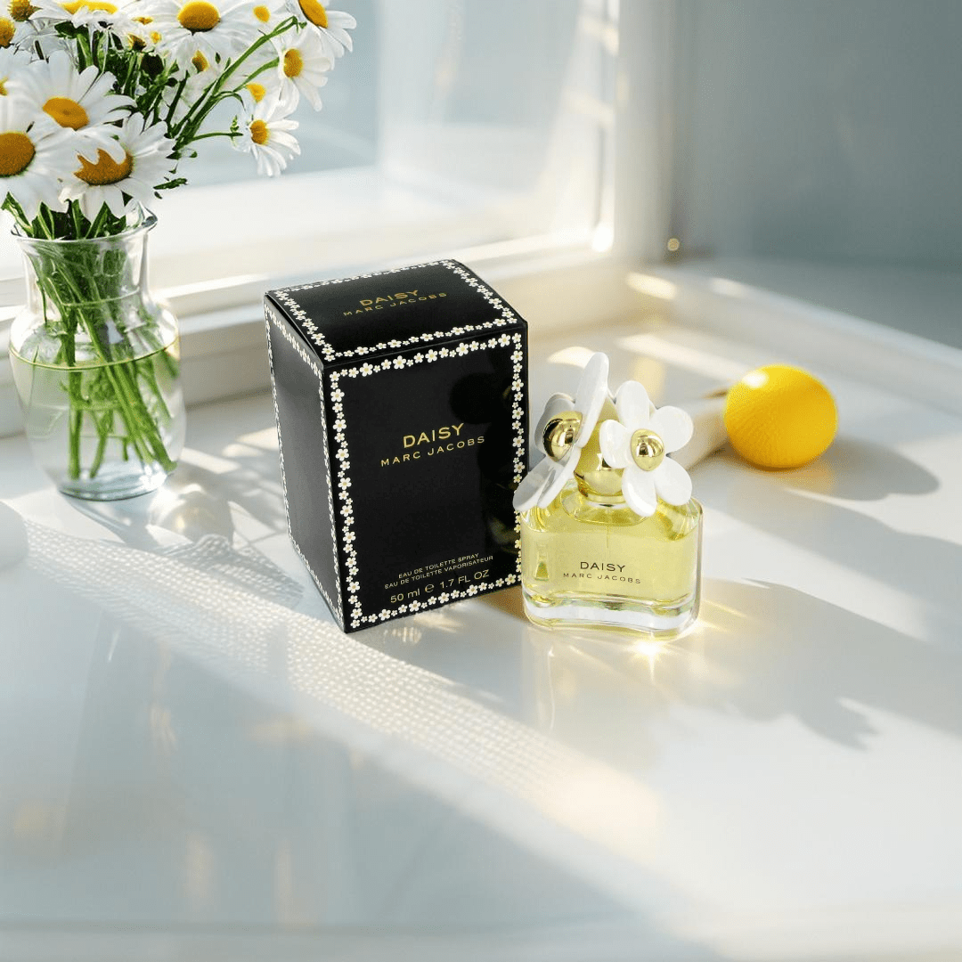 "Marc Jacobs Daisy Eau de Toilette 1.7 oz – a clear glass bottle filled with golden-hued fragrance, topped with a whimsical white daisy-adorned cap, reflecting a playful and feminine design."