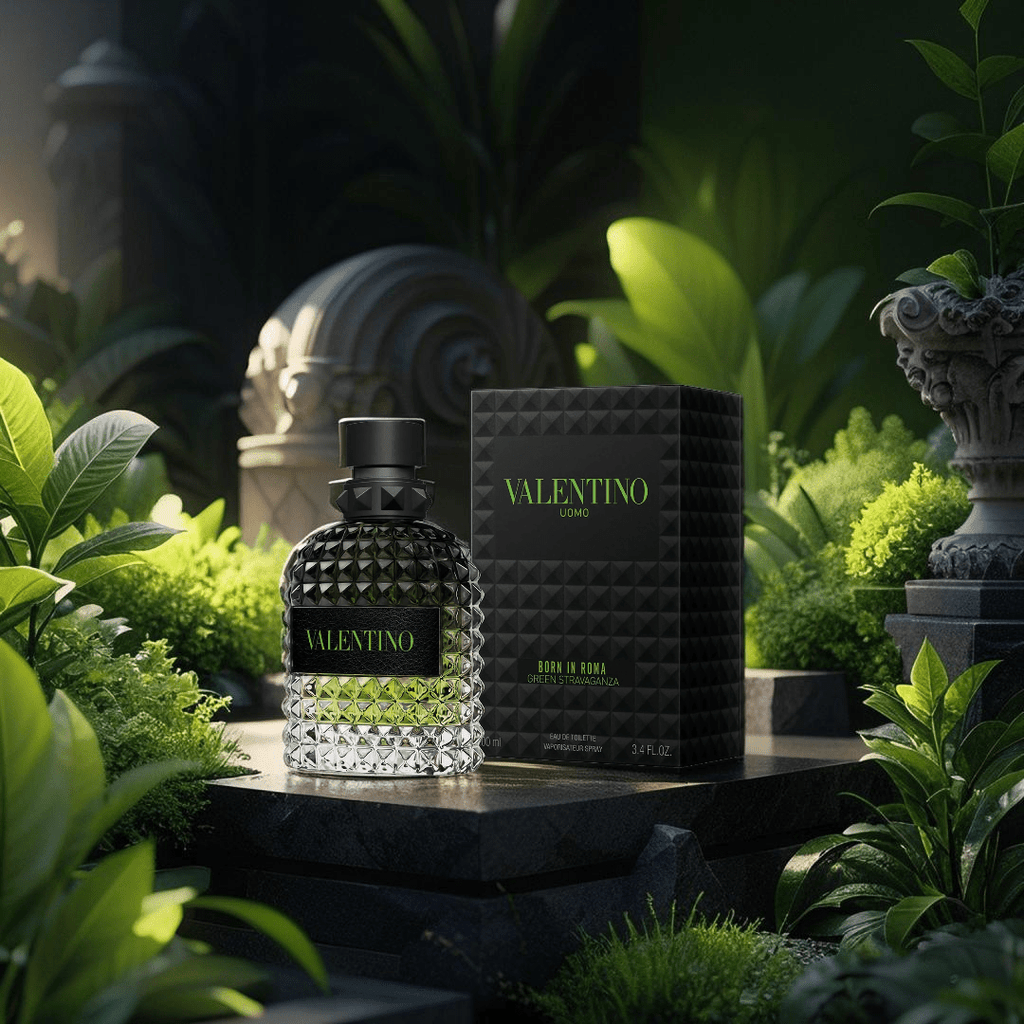 "Valentino Uomo Born in Roma Green Stravaganza 3.4 oz Eau de Toilette Spray for men – a bold, aromatic fragrance blending bergamot, coffee accord, and vetiver, in a stylish studded green bottle."