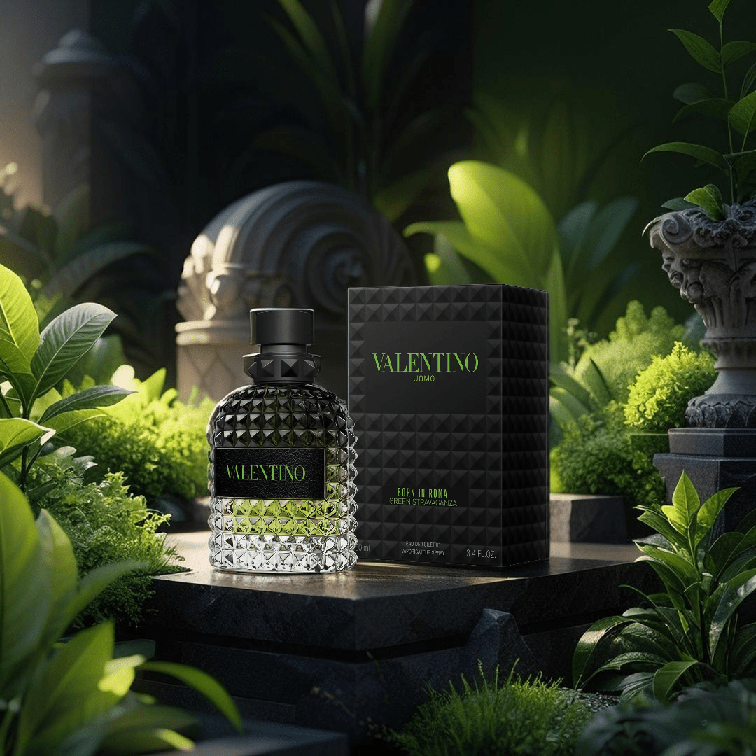 "Valentino Uomo Born in Roma Green Stravaganza 3.4 oz Eau de Toilette Spray for men – a bold, aromatic fragrance blending bergamot, coffee accord, and vetiver, in a stylish studded green bottle."