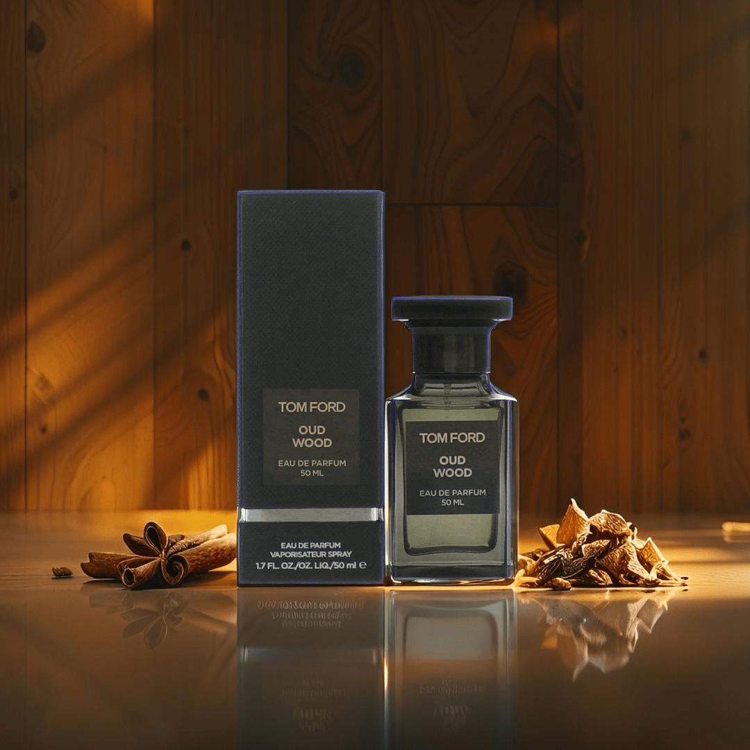 "Tom Ford Oud Wood 1.7 oz Eau de Parfum Spray – a rich, exotic unisex fragrance with notes of rare oud, sandalwood, cardamom, and amber, housed in a sleek and elegant bottle."
