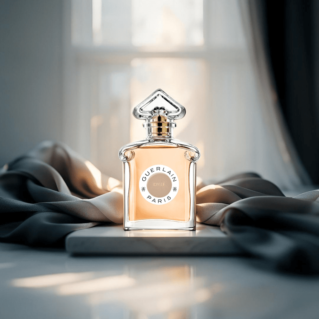 "Guerlain Idylle 2.5 oz Eau de Parfum Spray for Women – elegant teardrop-shaped glass bottle with golden-hued fragrance, reflecting the romantic floral composition."​