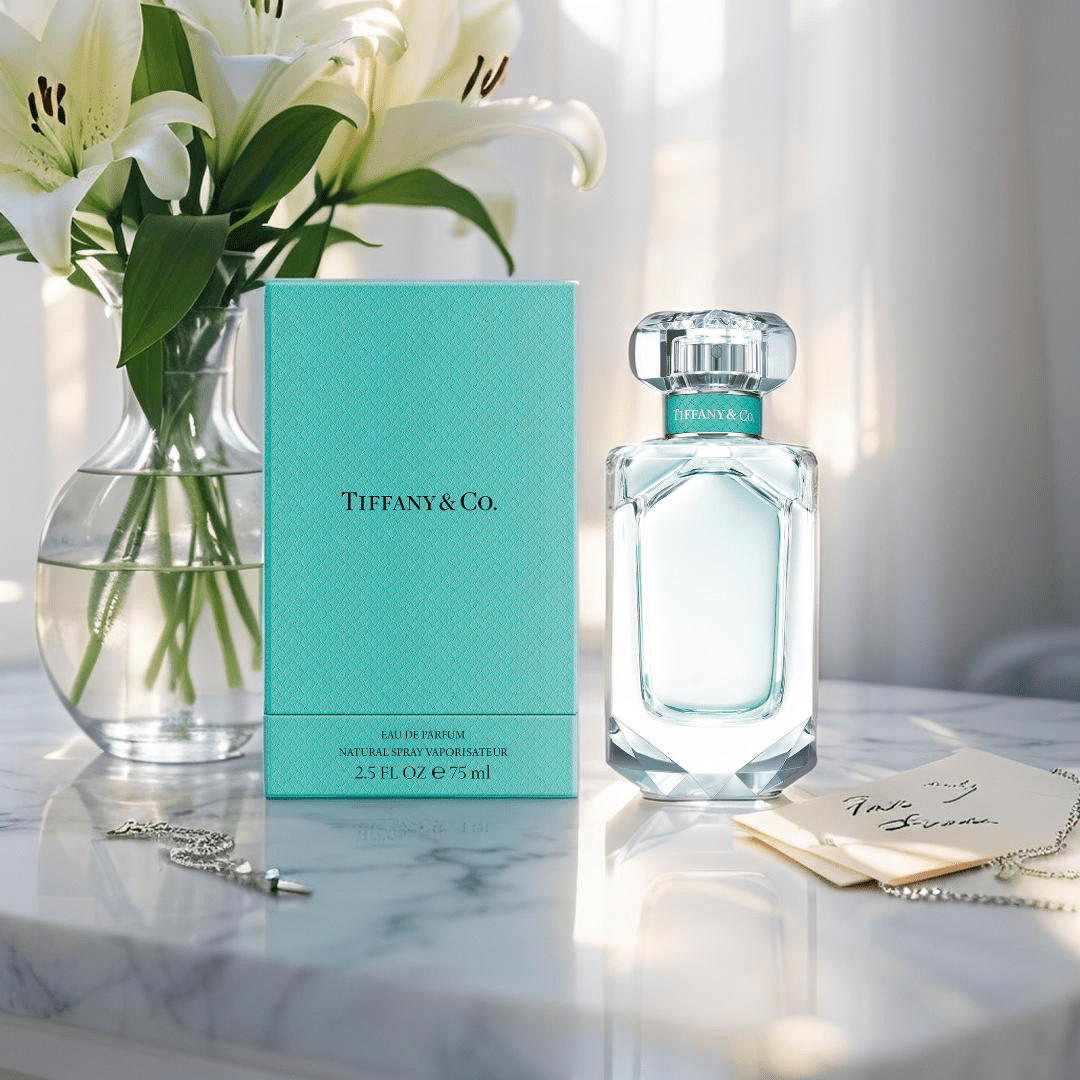 "Tiffany & Co. 2.5 oz Eau de Parfum Spray for women – a radiant and sophisticated floral musk fragrance with notes of mandarin, iris, patchouli, and musk, inspired by the elegance of Tiffany diamonds."