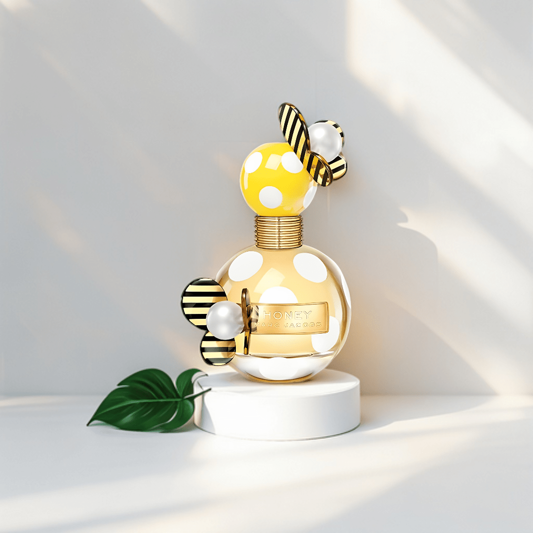 "Marc Jacobs Honey Eau de Parfum 3.3 oz – vibrant yellow bottle adorned with white polka dots and a playful butterfly-shaped cap, presented alongside its matching yellow polka dot box."