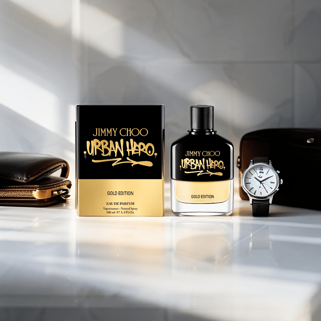 "Jimmy Choo Urban Hero Gold Edition 3.4 oz Eau de Parfum Spray – a sleek, gold-toned bottle with a modern design, reflecting sophistication and urban elegance."