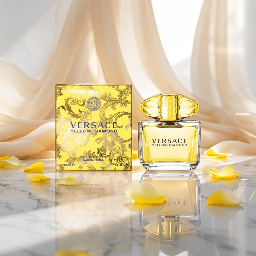 "Versace Yellow Diamond 6.7 oz Eau de Toilette Spray – a luxurious and radiant fragrance for women in a crystal-like yellow bottle."