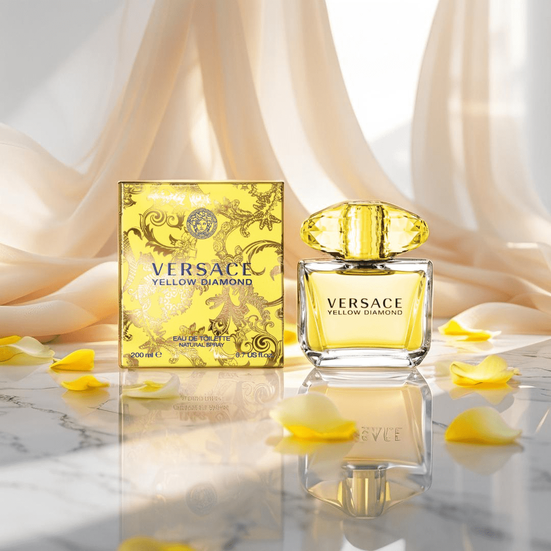 "Versace Yellow Diamond 6.7 oz Eau de Toilette Spray – a luxurious and radiant fragrance for women in a crystal-like yellow bottle."