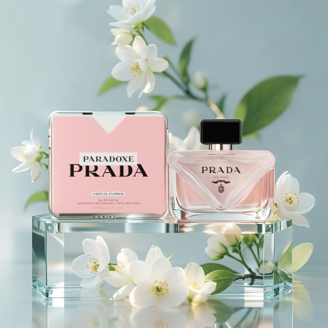 "Prada Paradoxe Virtual Flower 3 oz Eau de Parfum Spray for women – a vibrant floral-amber fragrance with neroli, jasmine, musk, and soft green accords, blending digital imagination with natural elegance."