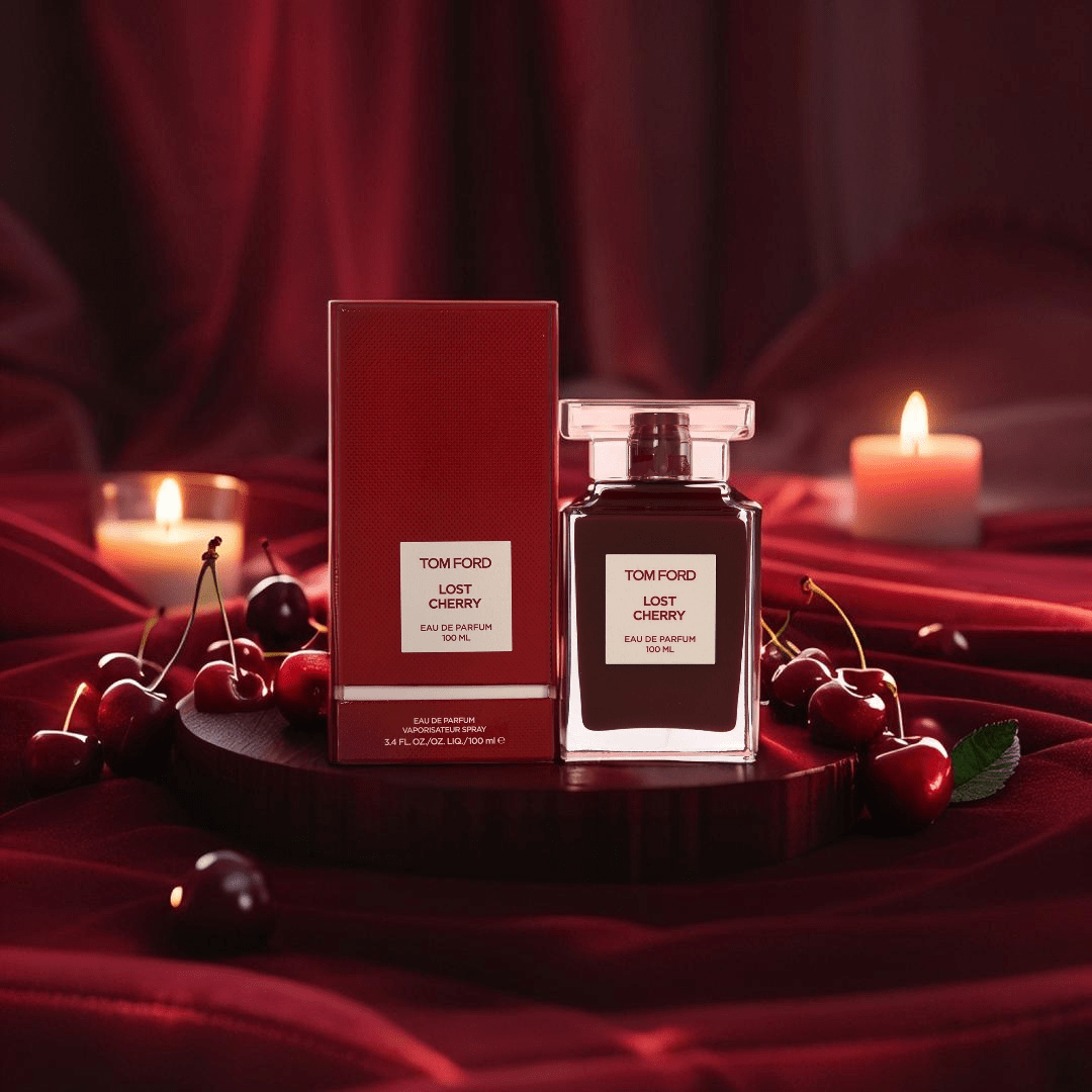 "Tom Ford Lost Cherry 3.4 oz Eau de Parfum Spray – a seductive unisex gourmand fragrance with notes of black cherry, bitter almond, rose, and tonka bean, wrapped in a luscious red bottle."