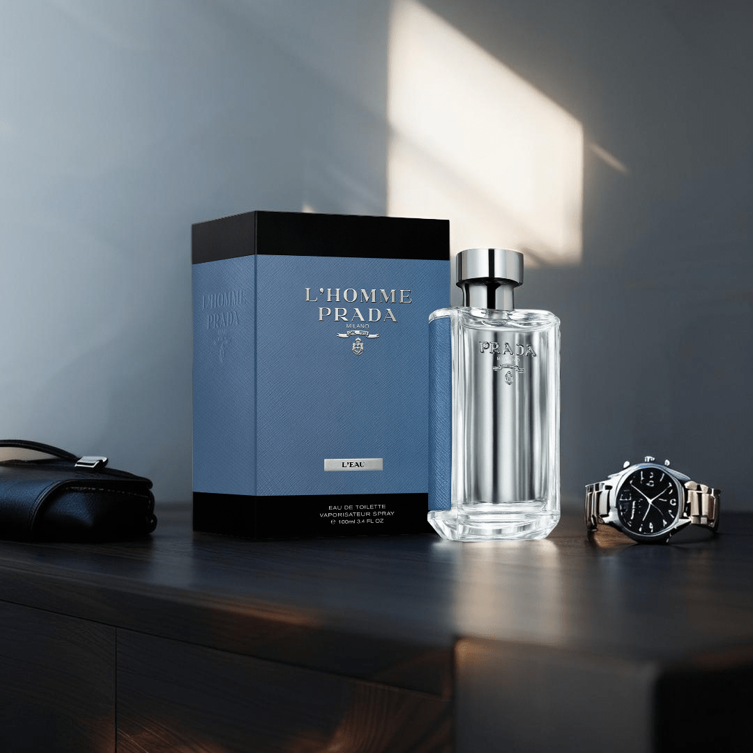 "Prada L’Homme L’Eau 3.4 oz Eau de Toilette Spray for men – a light, clean, and sophisticated fragrance featuring notes of neroli, ginger, iris, amber, and sandalwood, perfect for the modern, effortlessly stylish man."