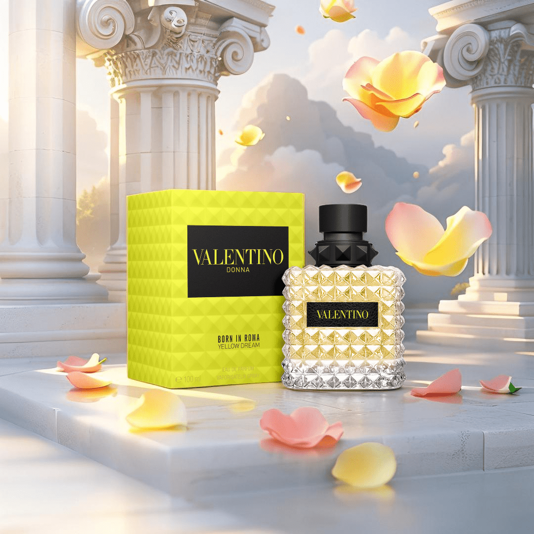 Valentino Donna Born in Roma Yellow Dream perfume bottle — a luminous floral fragrance for women with notes of lemon, rose, and white musk, inspired by golden Roman mornings.