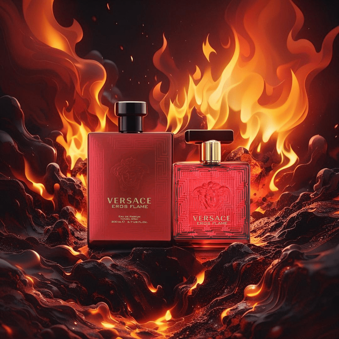 "Versace Eros Flame 6.7 oz Eau de Parfum Spray for men – a bold, passionate fragrance in a striking red bottle, blending spicy, woody, and citrus notes."