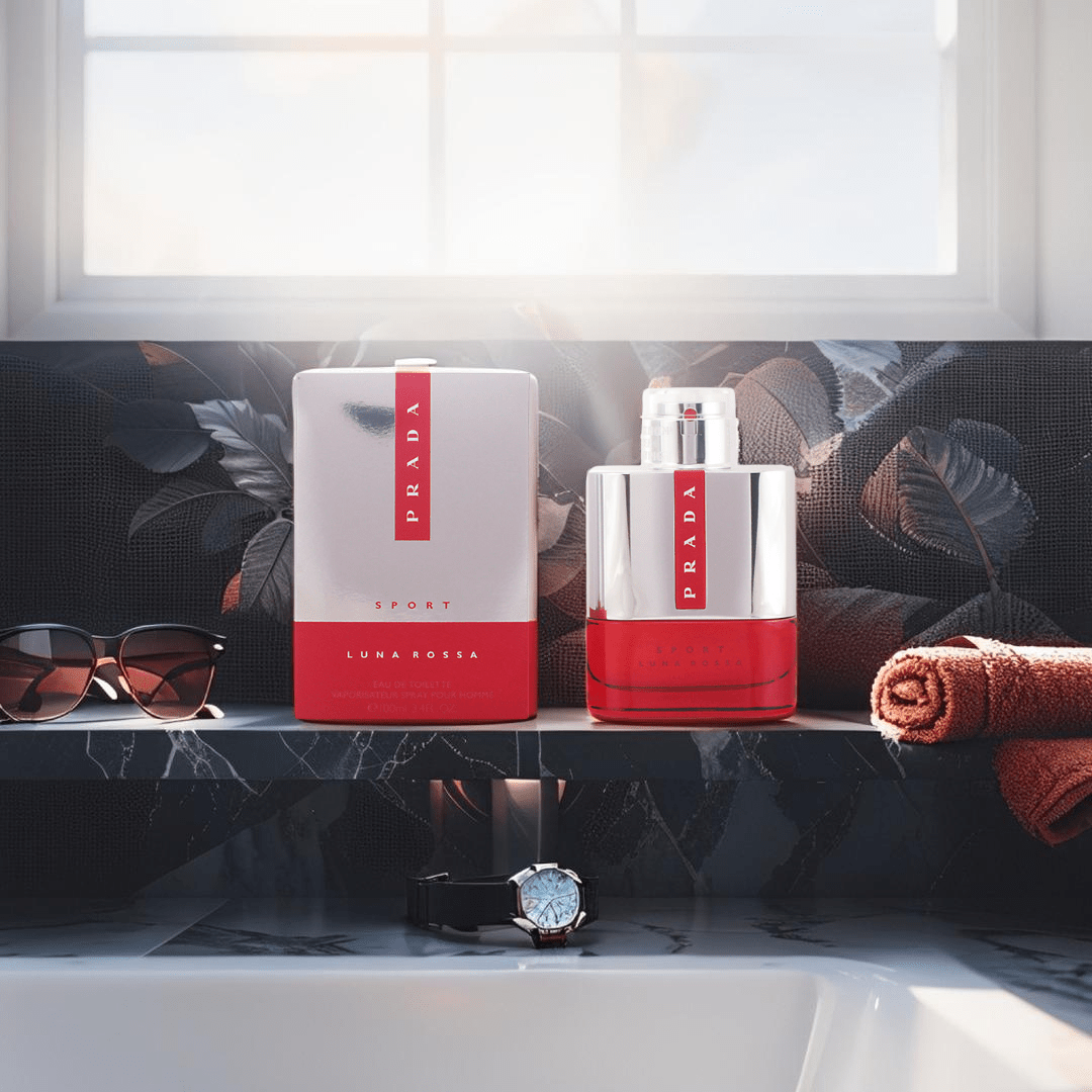 "Prada Luna Rossa Sport 3.4 oz Eau de Toilette Spray for men – a fresh, spicy, and energetic fragrance with notes of ginger, lavender, juniper berries, and tonka bean, capturing athletic elegance and bold intensity."