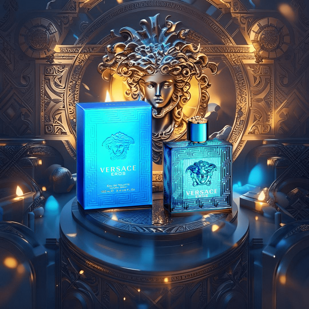 "Versace Eros 3.4 oz Eau de Toilette Spray for men – an intense and fresh masculine fragrance in a bold turquoise bottle with notes of mint, green apple, and vanilla."