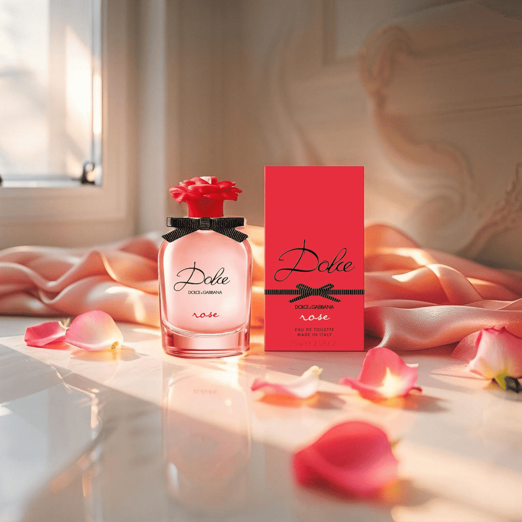 Dolce & Gabbana Dolce Rose perfume bottle with a floral cap — a fresh, fruity-floral fragrance featuring rose, red currant, and Italian mandarin, perfect for vibrant, confident women.