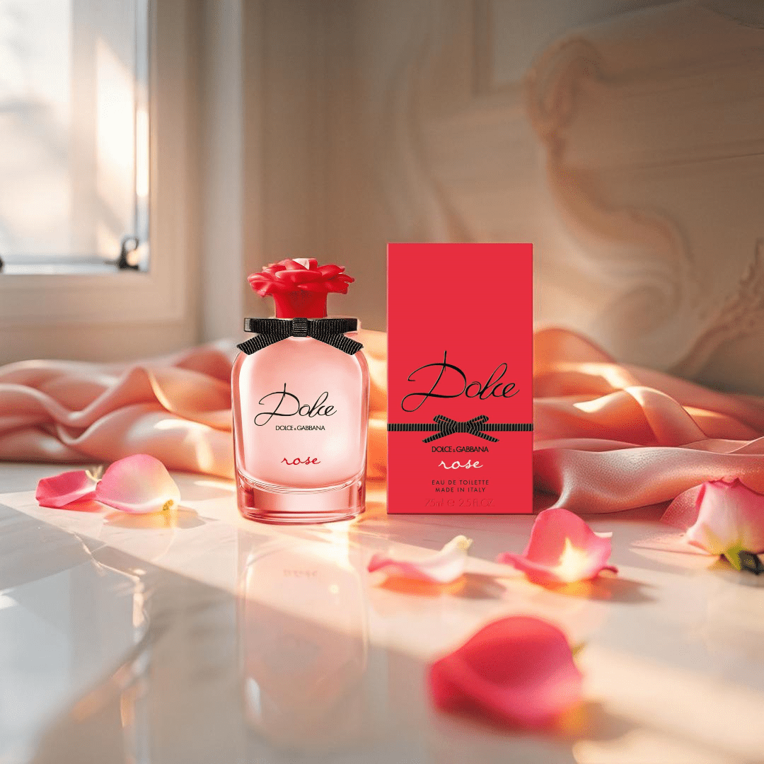 Dolce & Gabbana Dolce Rose perfume bottle with a floral cap — a fresh, fruity-floral fragrance featuring rose, red currant, and Italian mandarin, perfect for vibrant, confident women.