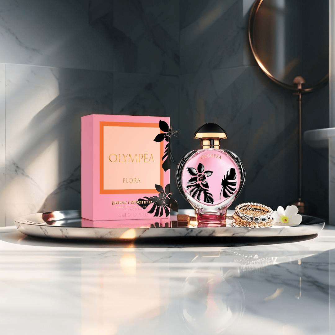 "Paco Rabanne Olympea Flora 1.7 oz Eau de Parfum Spray – a captivating floral-oriental scent with notes of pink pepper, blackcurrant, rose, vanilla, and salty amber, expressing bold femininity and sensuality in a compact size."