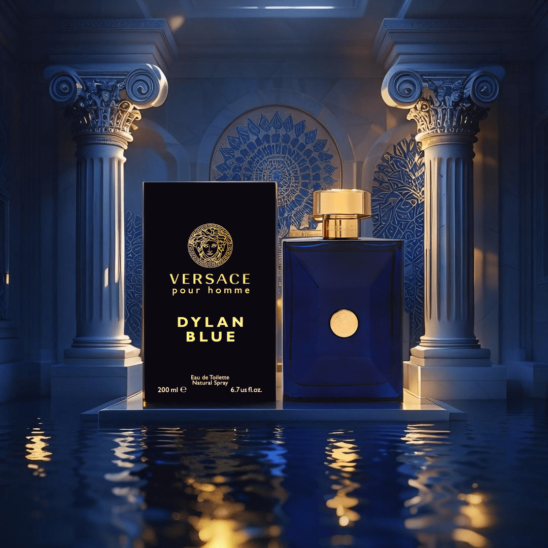 "Versace Dylan Blue 6.7 oz Eau de Toilette Spray for men – a bold and modern fragrance with notes of bergamot, grapefruit, incense, and musk, in a deep blue designer bottle."
