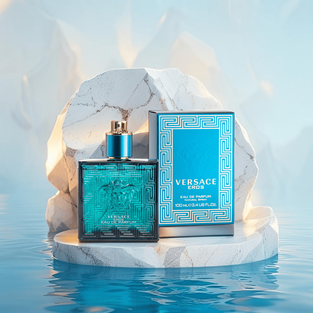 "Versace Eros 3.4 oz Eau de Parfum Spray for men – a powerful and seductive fragrance with intensified notes of mint, vanilla, amber, and woody accords in a deep turquoise bottle."