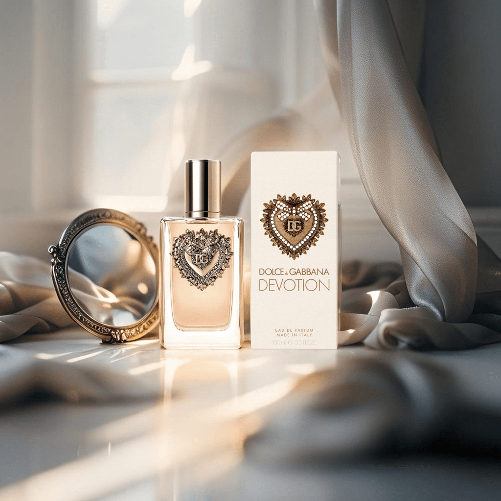 Dolce & Gabbana Devotion Eau de Parfum bottle with Sacred Heart emblem — a luminous, floral-gourmand fragrance for women seeking elegance and warmth.