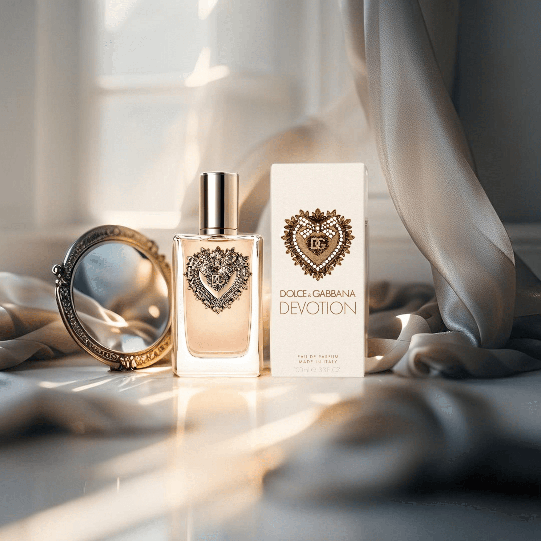 Dolce & Gabbana Devotion Eau de Parfum bottle with Sacred Heart emblem — a luminous, floral-gourmand fragrance for women seeking elegance and warmth.