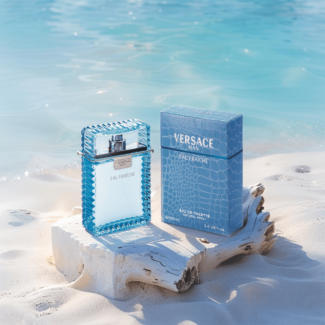 "Versace Man Eau Fraîche 3.4 oz Eau de Toilette Spray for men – a fresh, aquatic fragrance with notes of lemon, bergamot, and cedarwood in a stylish light blue bottle."