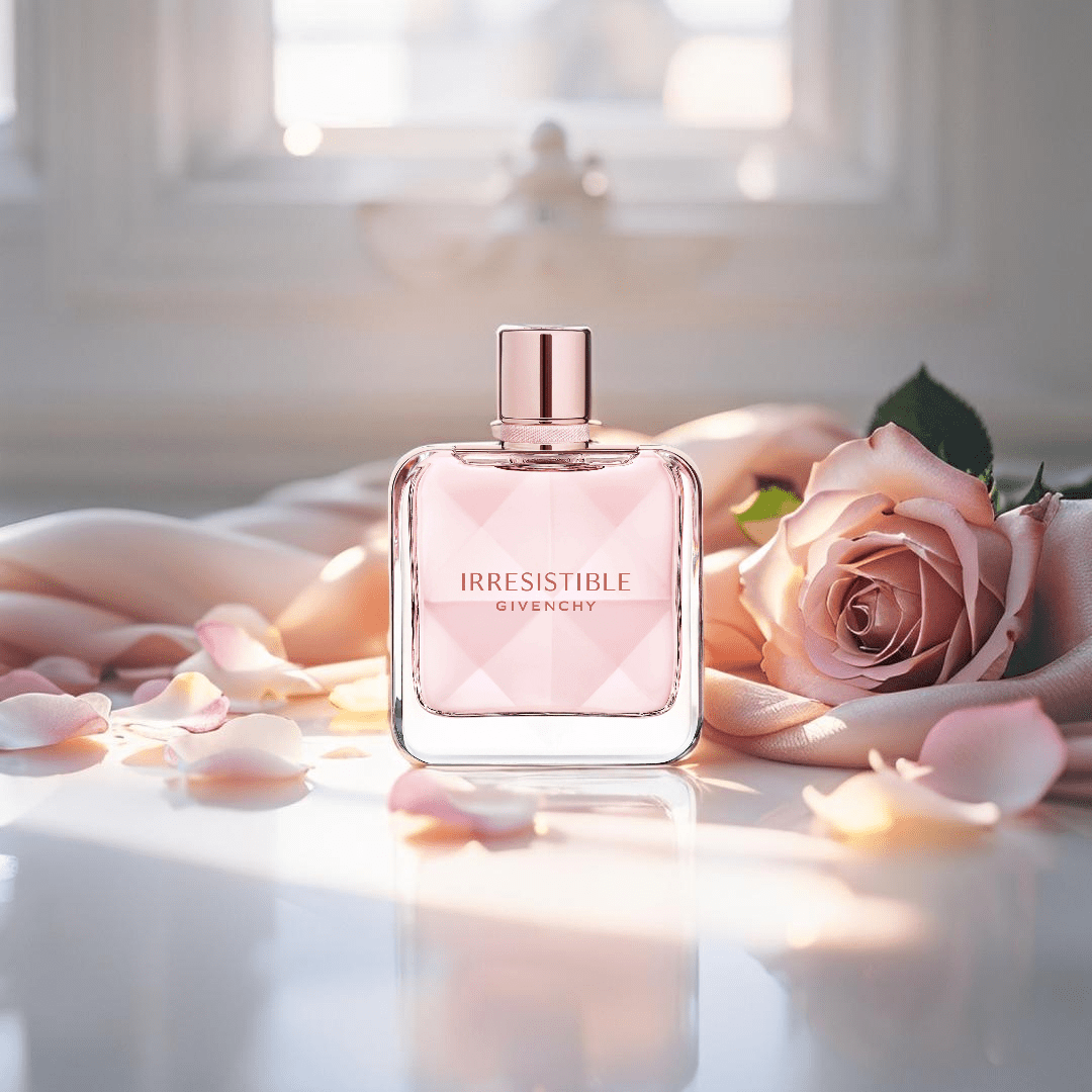 "Givenchy Irresistible 2.7 oz Eau de Toilette Spray – elegant blush pink bottle with a fresh and radiant floral-fruity scent, celebrating joyful femininity."