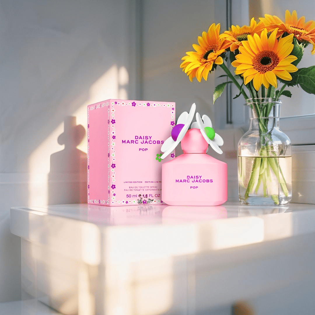 Marc Jacobs Daisy Love Pop limited-edition perfume bottle — a vibrant fruity-gourmand fragrance with playful floral notes, capturing the spirit of youthful femininity.