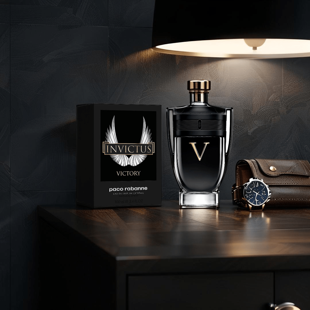 "Paco Rabanne Invictus Victory 6.8 oz Eau de Parfum Extreme Spray – a powerful and seductive scent for men featuring bold notes of lemon, pink pepper, incense, lavender, vanilla, and tonka bean. Built for triumph."