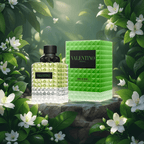 "Valentino Donna Born in Roma Green Stravaganza 3.4 oz Eau de Parfum Spray – a bold and luminous floral-green fragrance for women with notes of jasmine, Lapsang Souchong tea, and ambrette, in a vibrant green studded bottle."