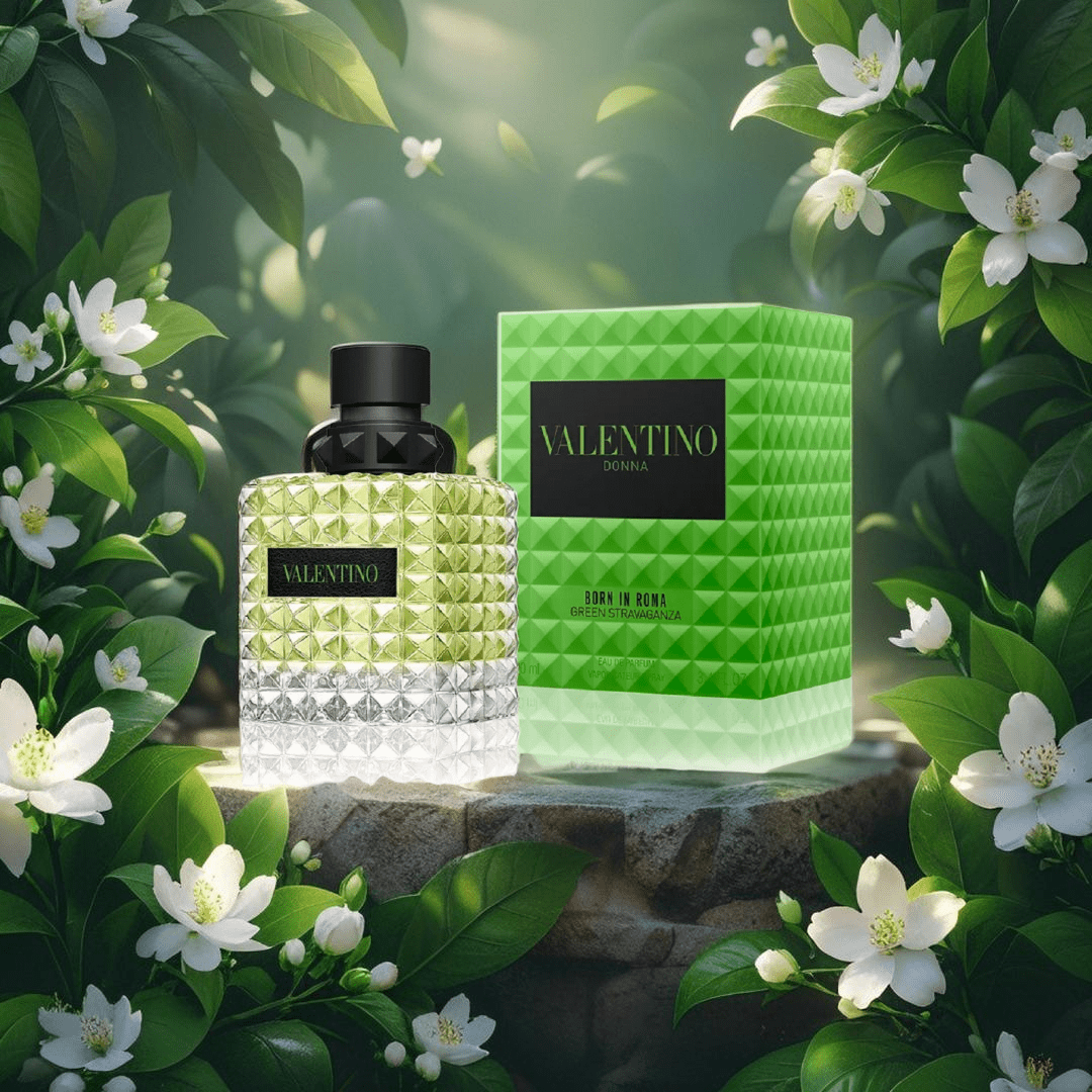 "Valentino Donna Born in Roma Green Stravaganza 3.4 oz Eau de Parfum Spray – a bold and luminous floral-green fragrance for women with notes of jasmine, Lapsang Souchong tea, and ambrette, in a vibrant green studded bottle."