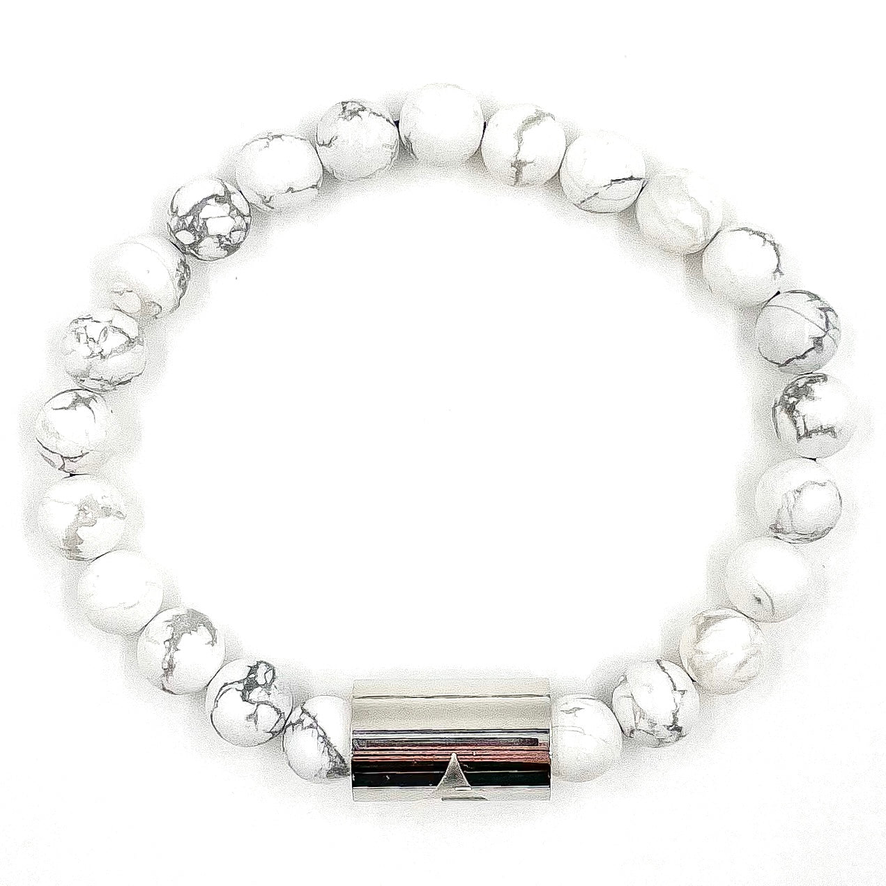 White beaded bracelet with a silver clasp on a white background