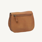 "Elegant full-grain calfskin leather shoulder bag with zippered front and back pockets, three compartments, and adjustable strap"