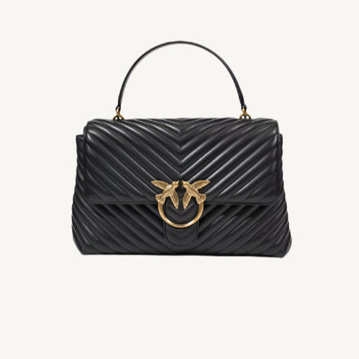 "Pinko black leather women's bag with magnetic fastening, inside pockets, and leather lining, spring/summer collection."