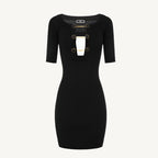 Black Elisabetta Franchi women’s dress with plain design, short sleeves, V-neckline, and slip-on fastening – Spring/Summer collection.