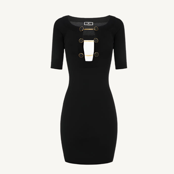 Black Elisabetta Franchi women’s dress with plain design, short sleeves, V-neckline, and slip-on fastening – Spring/Summer collection.