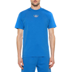 Off-White light blue t-shirt displayed flat, featuring minimalist branding and relaxed fit — an understated icon of streetwear style.