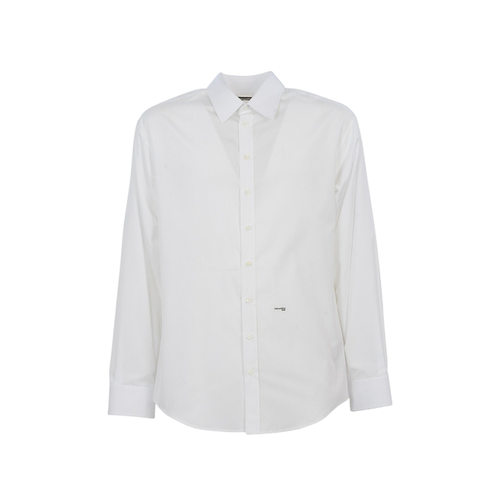 "White Dsquared2 shirt with a sleek, tailored fit, featuring a crisp collar and precise stitching, highlighting Italian craftsmanship and premium fabric quality."