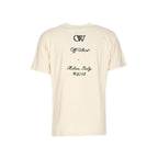 "Beige Off-White men’s T-shirt with printed design, short sleeves, and round neckline – 100% cotton, perfect for Fall/Winter casual style."