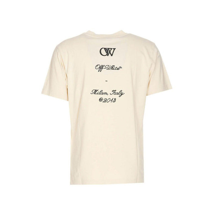 "Beige Off-White men’s T-shirt with printed design, short sleeves, and round neckline – 100% cotton, perfect for Fall/Winter casual style."