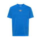 Off-White light blue t-shirt displayed flat, featuring minimalist branding and relaxed fit — an understated icon of streetwear style.
