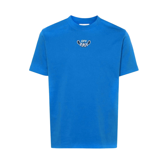 Off-White light blue t-shirt displayed flat, featuring minimalist branding and relaxed fit — an understated icon of streetwear style.