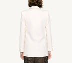 "White Elisabetta Franchi women's blazer with lapel collar, v-neckline, long sleeves, and front pockets – perfect for chic spring/summer looks."
