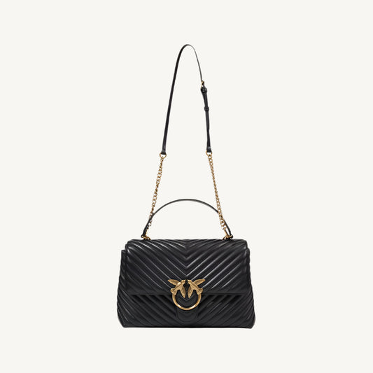 "Pinko black leather women's bag with magnetic fastening, inside pockets, and leather lining, spring/summer collection."