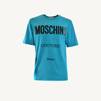 Light blue Moschino men’s T-shirt with printed front, short sleeves, and round neckline – Spring/Summer collection.