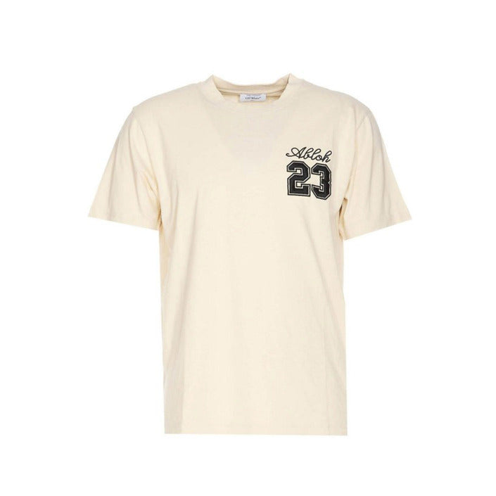 "Beige Off-White men’s T-shirt with printed design, short sleeves, and round neckline – 100% cotton, perfect for Fall/Winter casual style."