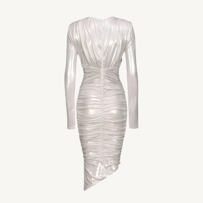 White Pinko women’s dress with long sleeves, V-neckline, zip fastening, and plain design – Spring/Summer collection.