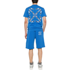 Off-White light blue t-shirt displayed flat, featuring minimalist branding and relaxed fit — an understated icon of streetwear style.