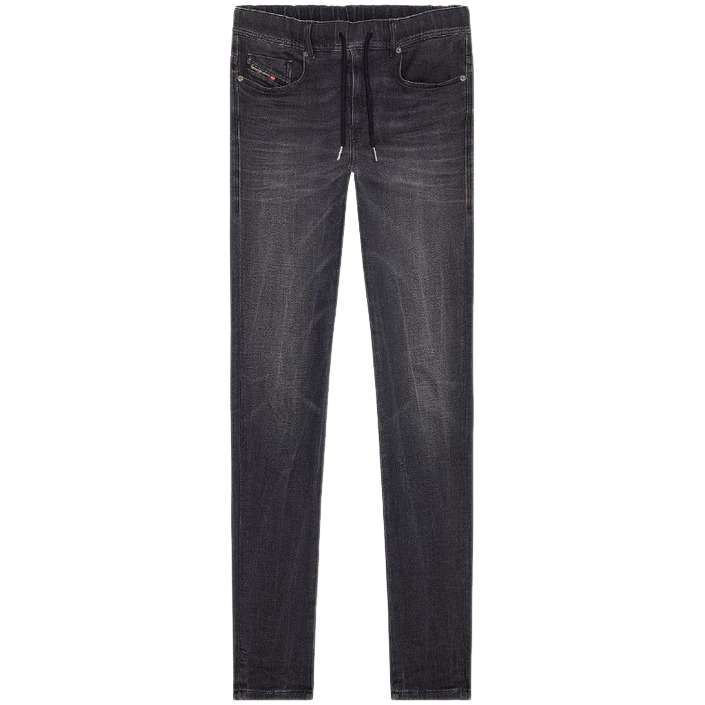 Diesel black jeans laid flat, featuring a slim fit with stretch fabric — blending modern edge with all-day comfort.